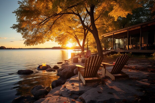 El retiro de la hora dorada en el lago La foto de la puesta de sol en el lago