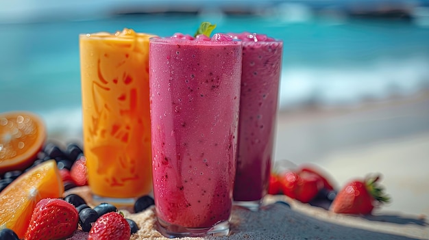 Foto retiro matutino de yoga en la playa que ofrece una selección de batidos revitalizantes y opciones de bocadillos energizantes crudos fondo de color sólido 4k ultra hd