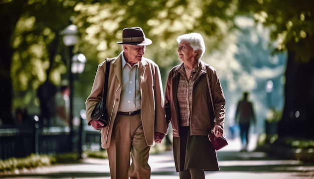 Retiro de otoño Paseo pacífico por el parque de una pareja de ancianos IA generativa