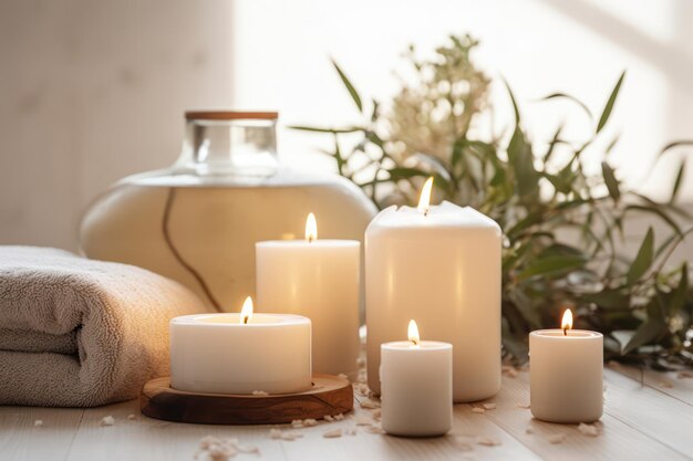 Retiro de spa tranquilo relajación masaje a la luz de las velas y composición de belleza en mesa de madera