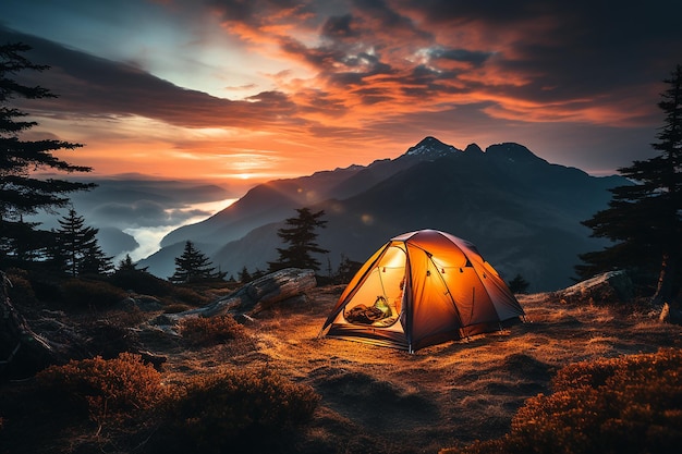 Retiro turístico de montanha Acampamento de tenda ao pôr-do-sol