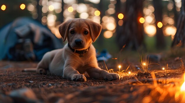 Retiro de verano senderismo acampada y diversión en la hoguera con un animado amigo cachorro de Labrador Retriever