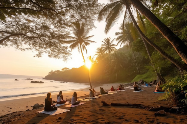 Retiro de yoga en la playa foto realista ilustración