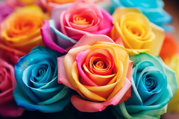 Foto reto ramo de rosas de colores con fondo de flores