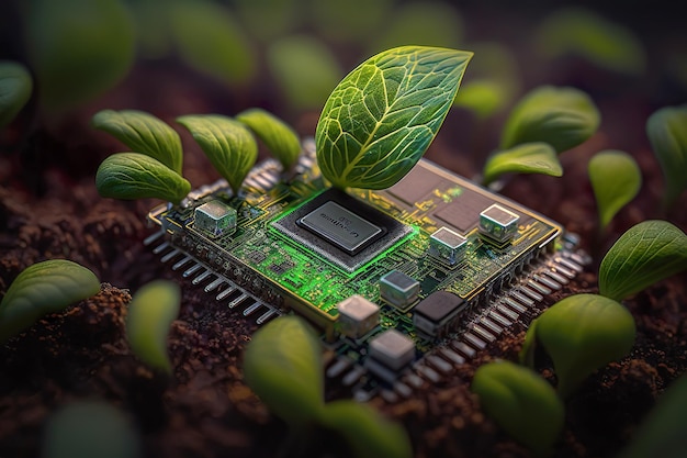 Retoño de árbol que brotó de un chip de computadora Brote de árbol verde en un chip de computadora Generar Ai