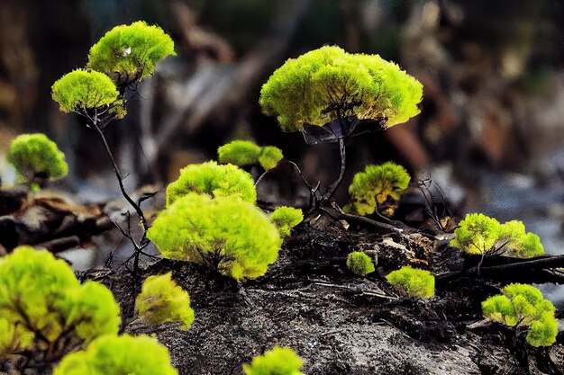 Los retoños verdes del primer brotan como renovación del bosque a través del fuego