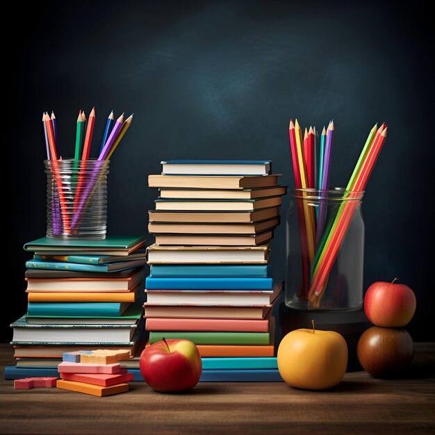 Retorno à escola conceito com livros lápis e maçã em mesa de madeira