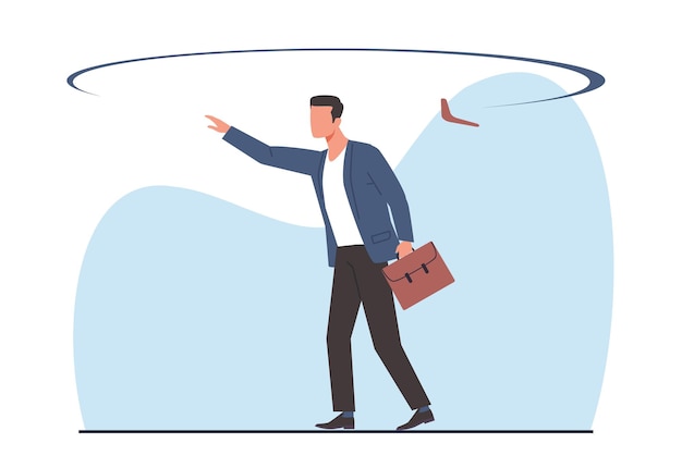Retorno de má ação empresário recebe de volta bumerangue ele desencadeou Consequências e Karma Personagem masculino confuso Causa efeito Empreendimentos arriscados Cartoon estilo plano conceito vetor isolado