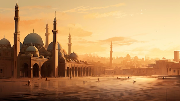 Retrata uma bela mesquita islâmica com foco em detalhes arquitetônicos reproduzidos em uma impressão