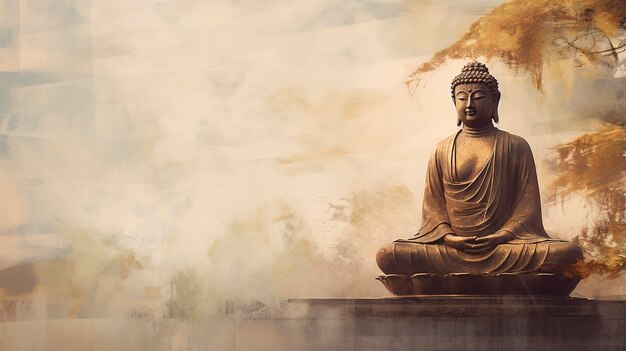 Retrata uma estátua de Buda com foco em detalhes arquitetônicos reproduzidos em estilo impressionista