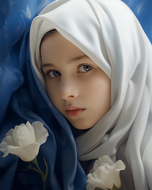 retratar uma menina muçulmana em hijab super close-up, hiper-realista e detalhado