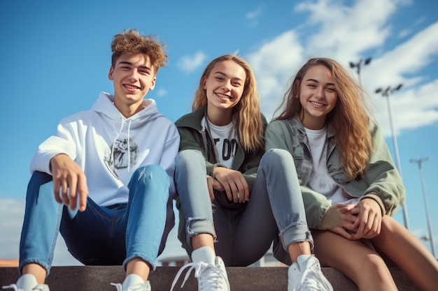 Retrato de 3 adolescentes sonrientes con jeans y tenis sentados en la pared Generado por IA