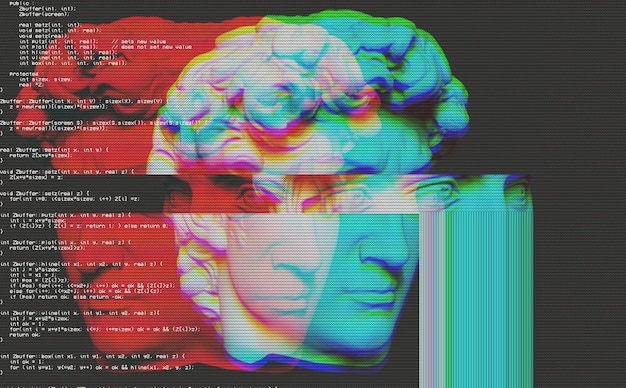 Retrato 3d de un David con efecto glitch estilo Cyberpunk Realidad virtual