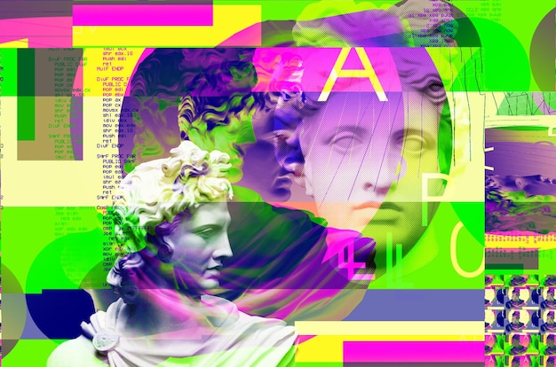 Retrato 3D de um Apollo com efeito de falha estilo Cyberpunk