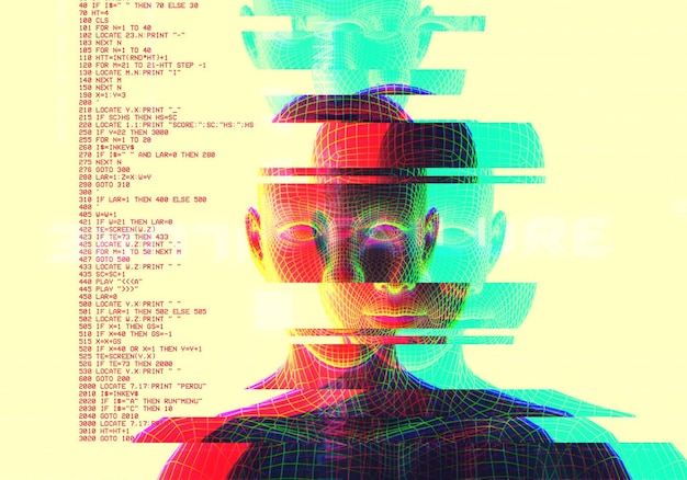 Retrato 3D de um homem com efeito de falha Estilo Cyberpunk Imagem conceitual de inteligência artificialRealidade virtual Sistemas de aprendizado profundo e reconhecimento facial