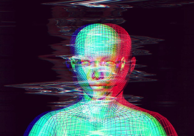 Retrato 3D de um homem com efeito de falha Estilo Cyberpunk Imagem conceitual de inteligência artificialRealidade virtual Sistemas de aprendizado profundo e reconhecimento facial