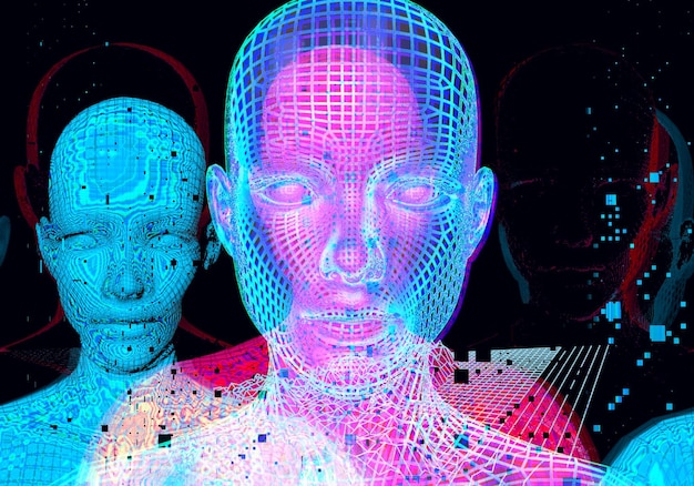 Retrato 3d de um homem com efeito de falha estilo cyberpunk imagem conceitual de inteligência artificialrealidade virtual sistemas de aprendizado profundo e reconhecimento facial
