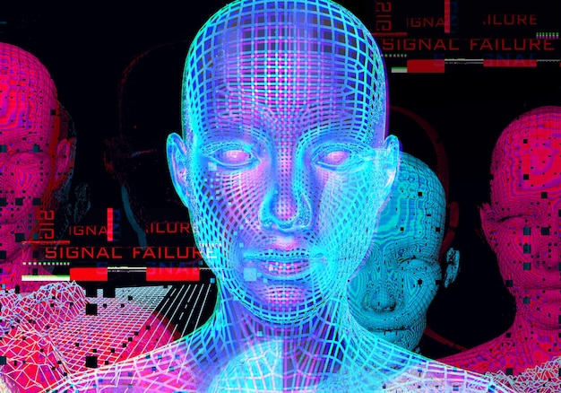 Retrato 3D de um homem com efeito de falha Estilo Cyberpunk Imagem conceitual de inteligência artificialRealidade virtual Sistemas de aprendizado profundo e reconhecimento facial