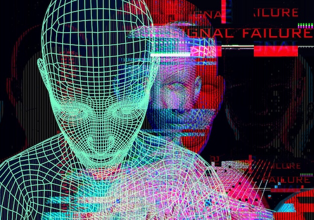 Retrato 3D de um homem com efeito de falha Estilo Cyberpunk Imagem conceitual de inteligência artificialRealidade virtual Sistemas de aprendizado profundo e reconhecimento facial