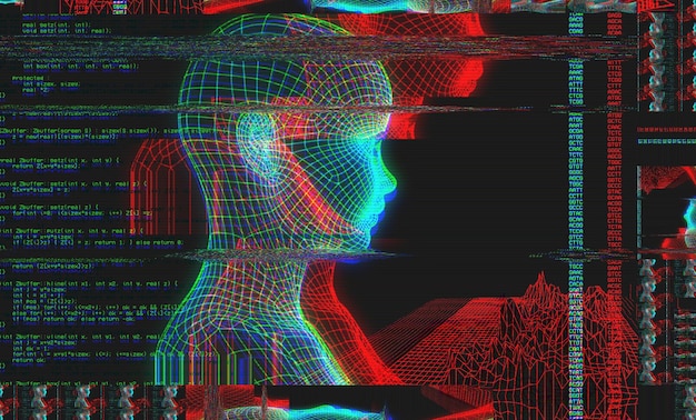 Retrato 3d de um homem com efeito de falha estilo cyberpunk realidade virtual