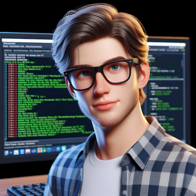 Retrato 3D de um jovem bonito branco americano nerd desenvolvedor de software programador trabalhador ai generativo