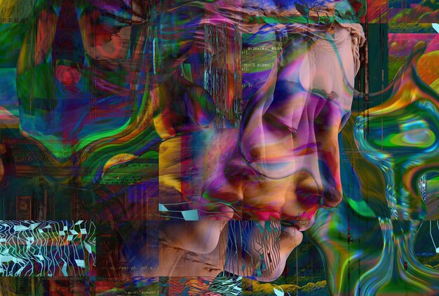 Retrato 3D de uma escultura antiga com um efeito de glitch no estilo Cyberpunk