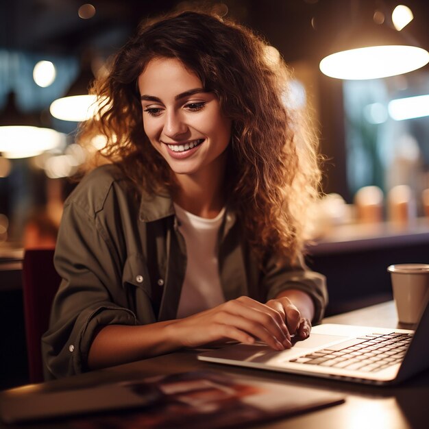 Foto retrato 3d de uma mulher sorridente usando laptop em um café de estudo