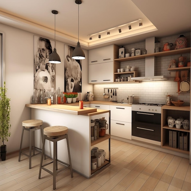 Retrato 3D gerativo de cozinha com pequeno espaço com design moderno