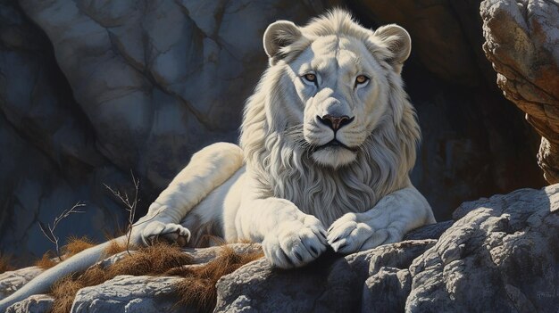 Retrato 3D gerativo de um leão branco em uma rocha ao ar livre