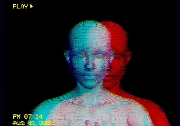 Retrato 3d de un hombre con efecto de falla estilo Cyberpunk Imagen conceptual de inteligencia artificial Realidad virtual Sistemas de aprendizaje profundo y reconocimiento facial