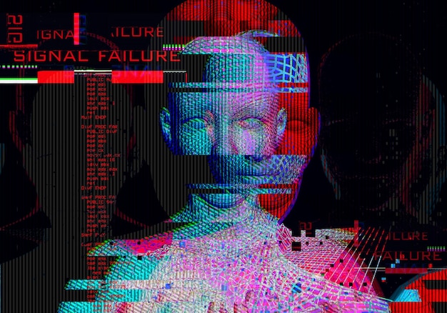 Retrato 3d de un hombre con efecto de falla estilo Cyberpunk Imagen conceptual de inteligencia artificial Realidad virtual Sistemas de aprendizaje profundo y reconocimiento facial