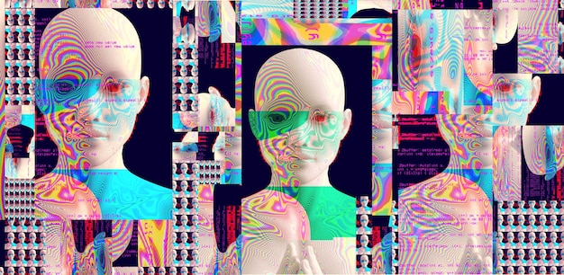 Retrato 3d de un hombre con efecto de falla estilo Cyberpunk Imagen conceptual de inteligencia artificial Realidad virtual Sistemas de aprendizaje profundo y reconocimiento facial