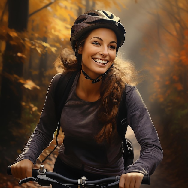 Foto retrato 3d de una mujer montando una bicicleta al aire libre