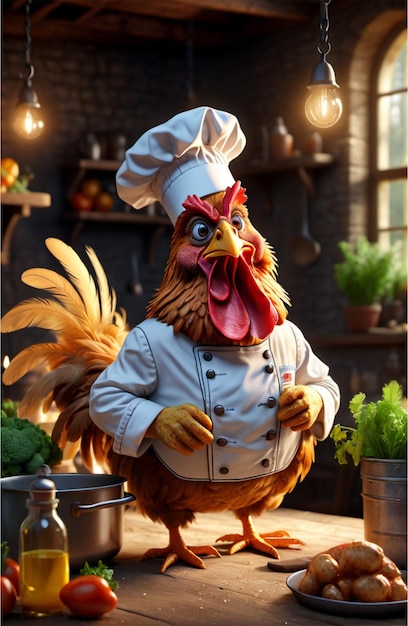 Foto retrato en 3d de un tonto chef de pollo