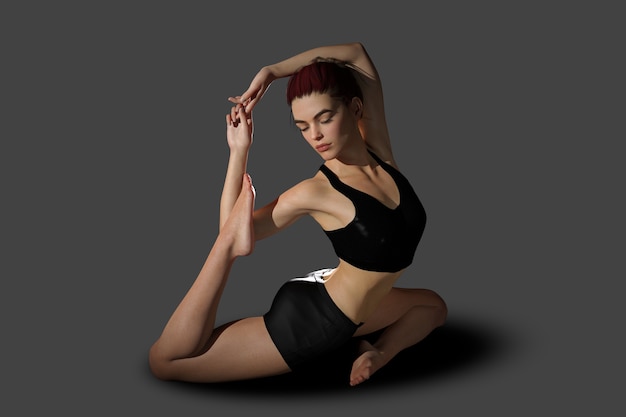 Retrato 3D de yoga mujer joven posando sobre un fondo gris con un trazado de recorte. Render 3D