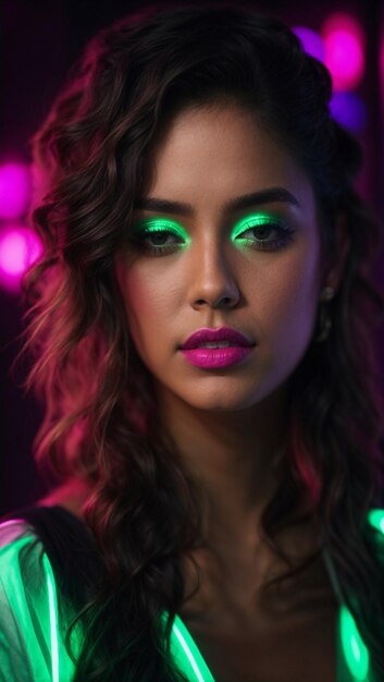 Retrato 4K mujer hispana neon maquillaje verde y fucsia