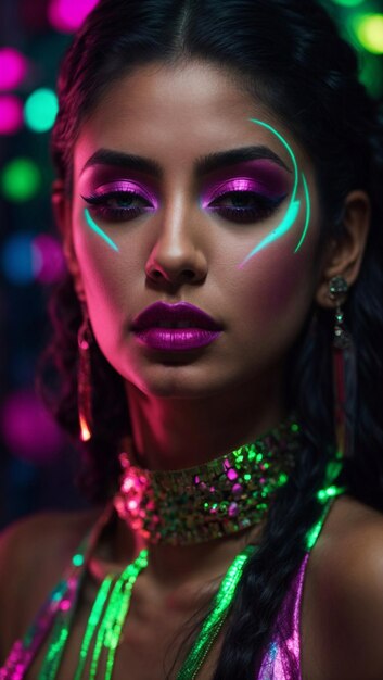 Retrato 4K mujer hispana neon maquillaje verde y fucsia