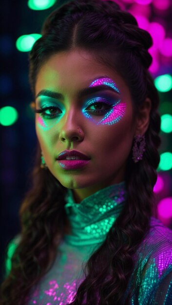 Retrato 4K mujer hispana neon maquillaje verde y fucsia