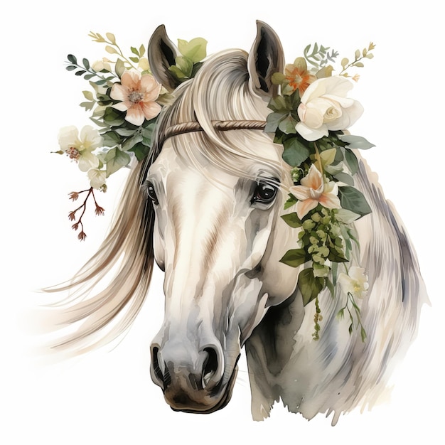 Foto retrato a aquarela de um cavalo branco com uma coroa de flores.