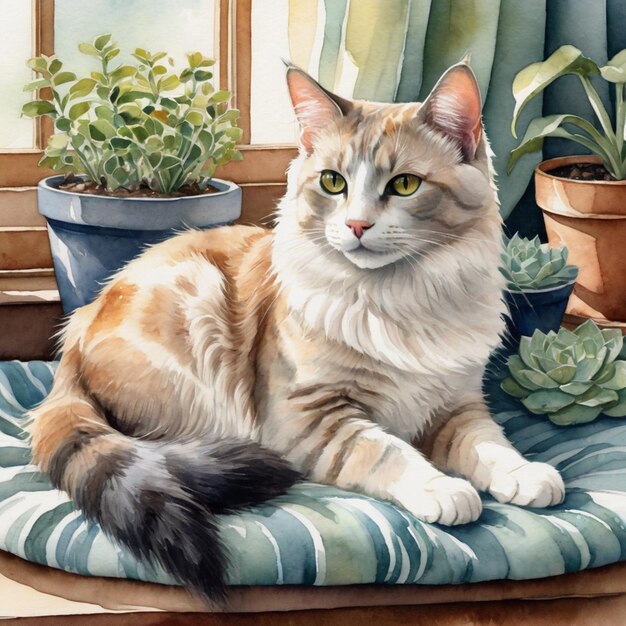 Retrato a aquarela de um gato sentado em um sofá com flores em estilo aquarela