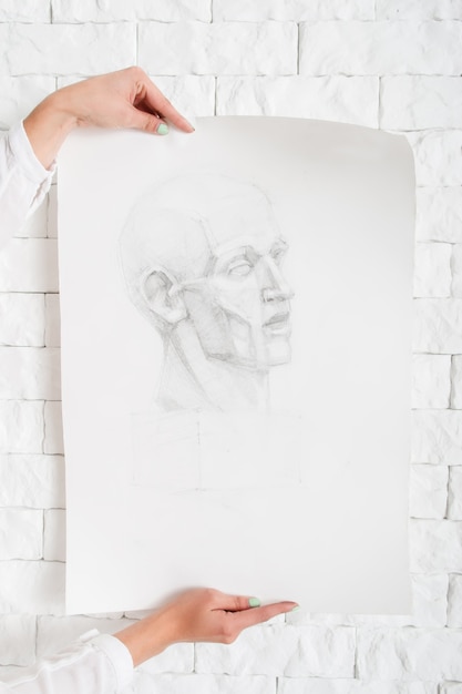 Foto retrato a lápis nas mãos do artista contra a parede