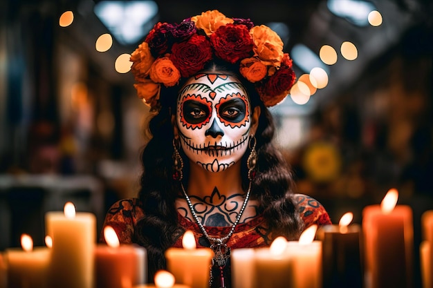 retrato à luz de velas de mulher com maquiagem dia de los muertos ou dia dos mortos