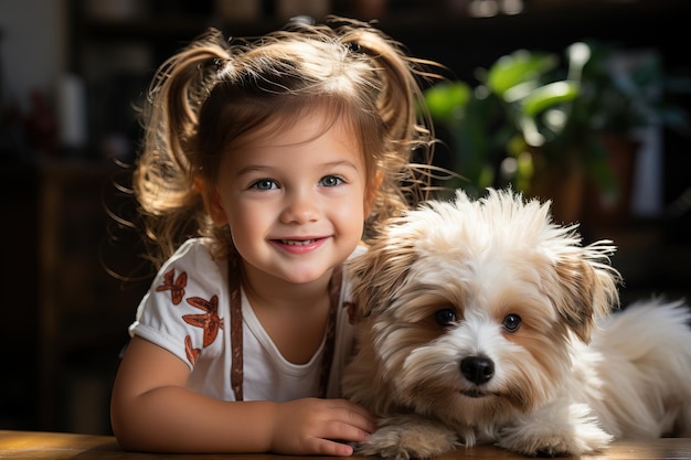 Retrato A menina brincando no chão em casa com um cachorro de estimação Generative AI