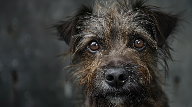 Retrato abandonado y sin hogar de un perro peludo con un hocico