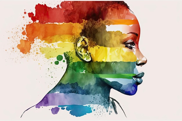 Retrato abstracto de acuarela de lesbianas africanas alegres con bandera del arco iris en un estilo minimalista IA generativa