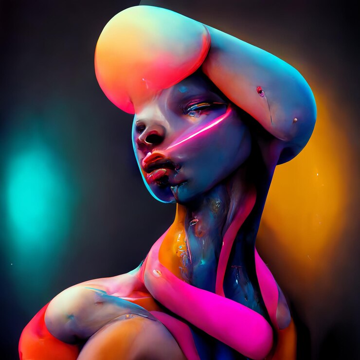 Retrato abstracto futurista en colores neón Ilustración figurativa 3D digital con formas fluidas brillantes