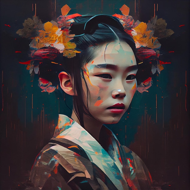 Retrato abstracto de mujer asiática con ilustración de efecto de falla AI generativa
