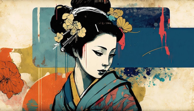 Retrato abstracto de mujer japonesa tradicional IA generativa