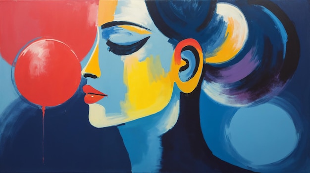 Retrato abstracto de una mujer con los ojos cerrados, colores vibrantes y círculos