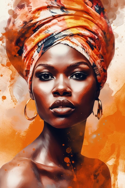 Retrato abstracto vibrante de mujer africana en concepto de belleza y moda naranja
